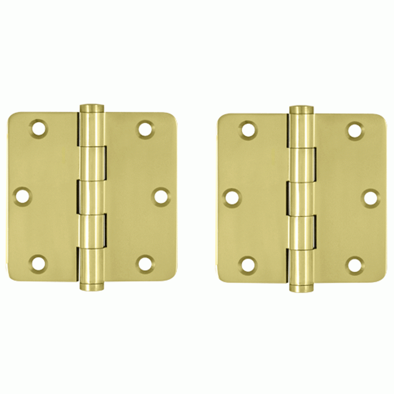 Pair 3 1/2 Inch X 3 1/2 Inch Solid Brass Hinge Interchangeable Finials (1/4 Radius Corner, Polished Brass Finish) DELTANA