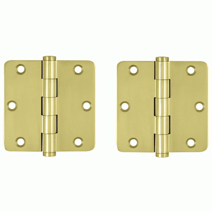 Pair 3 1/2 Inch X 3 1/2 Inch Solid Brass Hinge Interchangeable Finials (1/4 Radius Corner, Polished Brass Finish) DELTANA