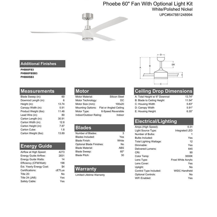 60" Phoebe in White/Polished Nickel w/ White Blades CRAFTMADE