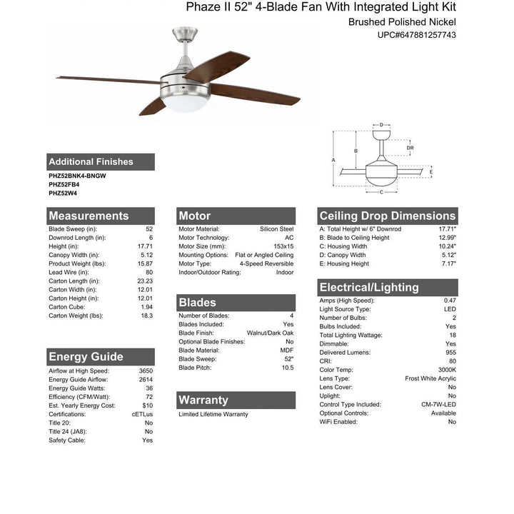 52" Phaze II 4-Blade in Brushed Polished Nickel w/ Walnut/Dark Oak Blades CRAFTMADE