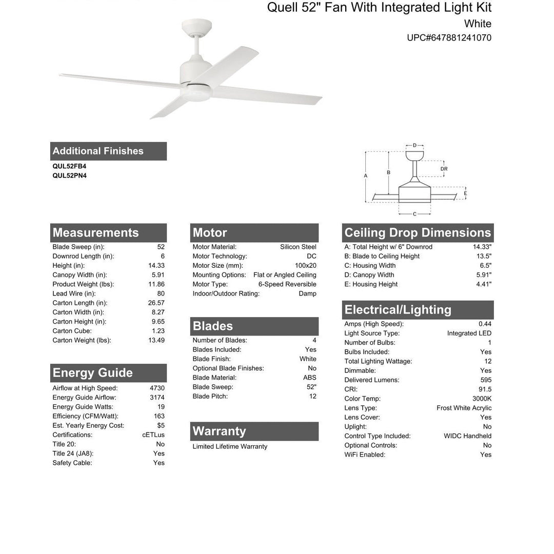 52" Quell Fan, White Finish, White Blades. LED Light, WIFI and Control Included CRAFTMADE