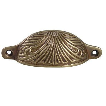 4 Inch Overall (3 2/5 Inch c-c) Solid Brass Art Deco Bin or Cup Pull (Antique Brass Finish) COPPER MOUNTAIN HARDWARE