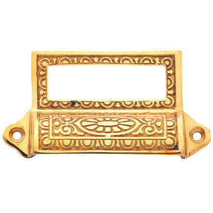 4 1/8 Inch Overall (3 1/2 Inch c-c) Solid Brass Victorian Label Style Bin Pull
