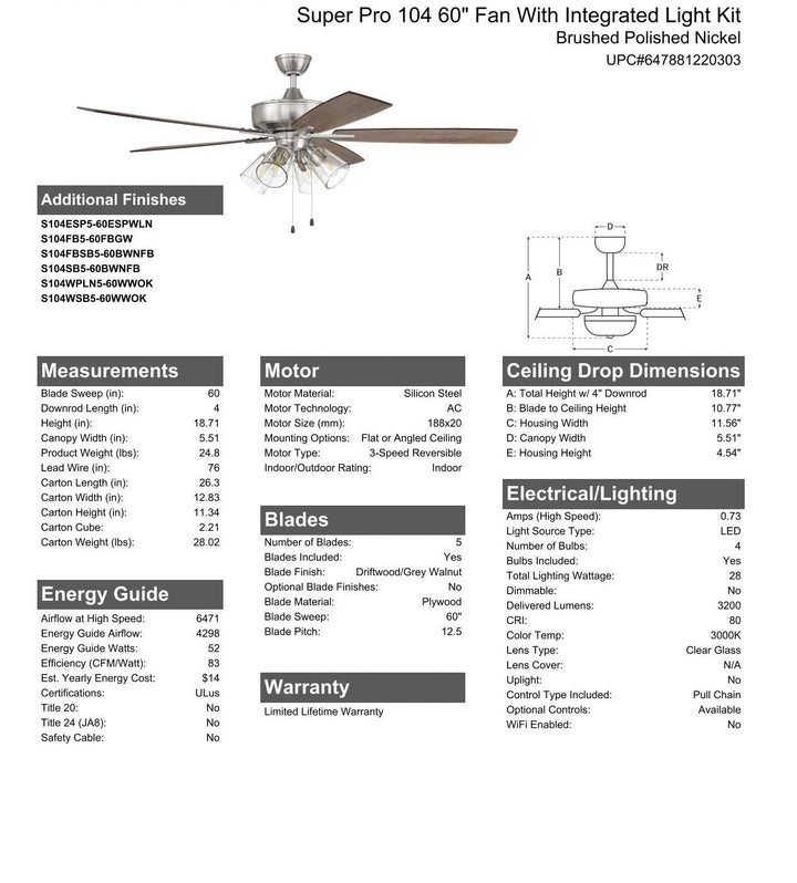 ##Antique Hardware## 60" Super Pro 104 in Brushed Polished Nickel w/ Driftwood/Grey Walnut Blades