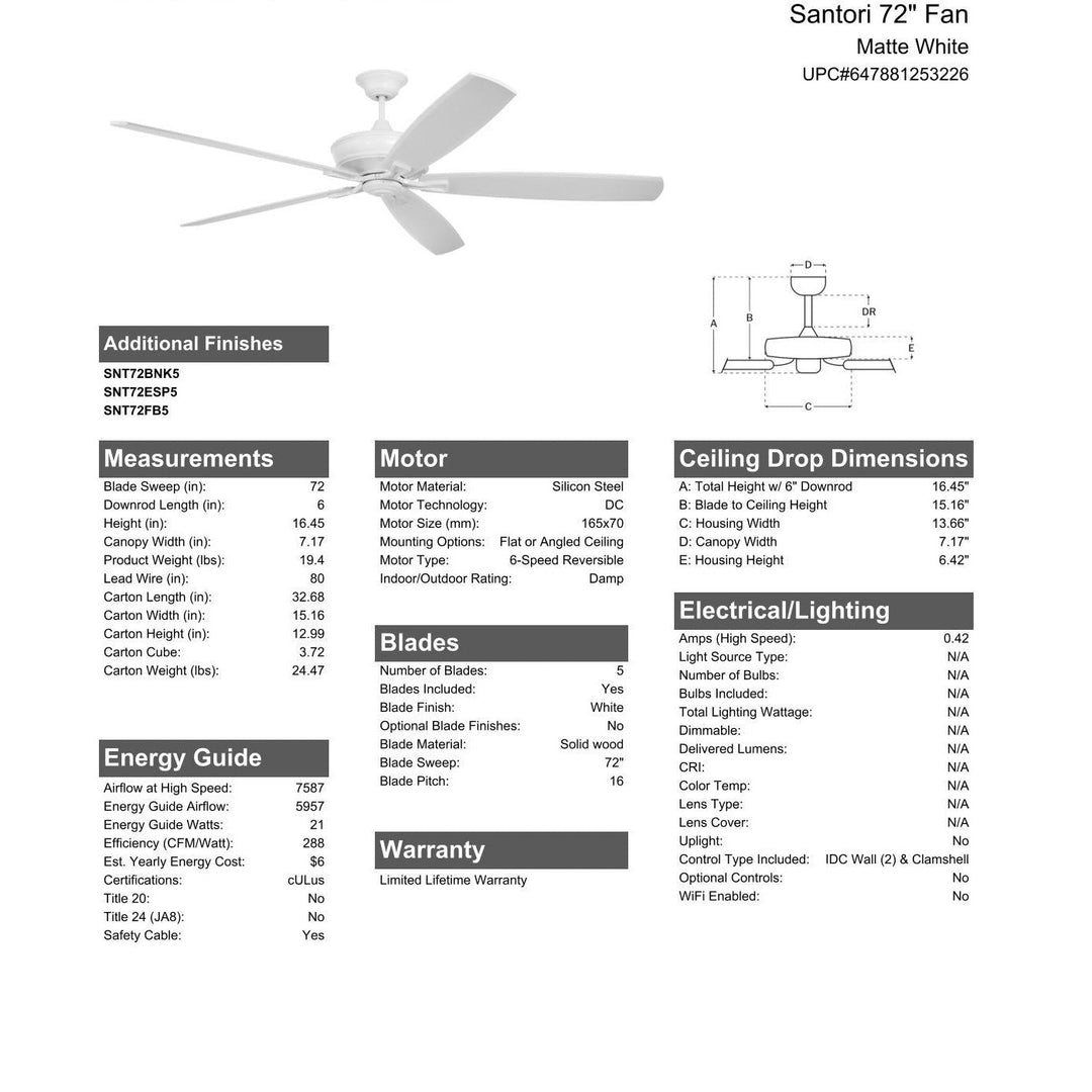 72" Santori Indoor/Outdoor (Damp) in Matte White w/ White Blades CRAFTMADE