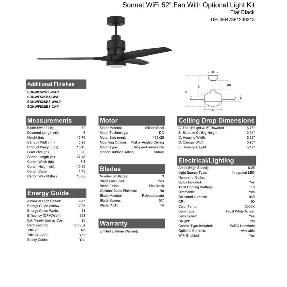 52" Sonnet WiFi in Flat Black  w/ Flat Black Blades CRAFTMADE