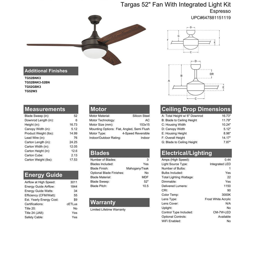 52" Targas in Espresso w/ Mahogany/Teak Blades CRAFTMADE