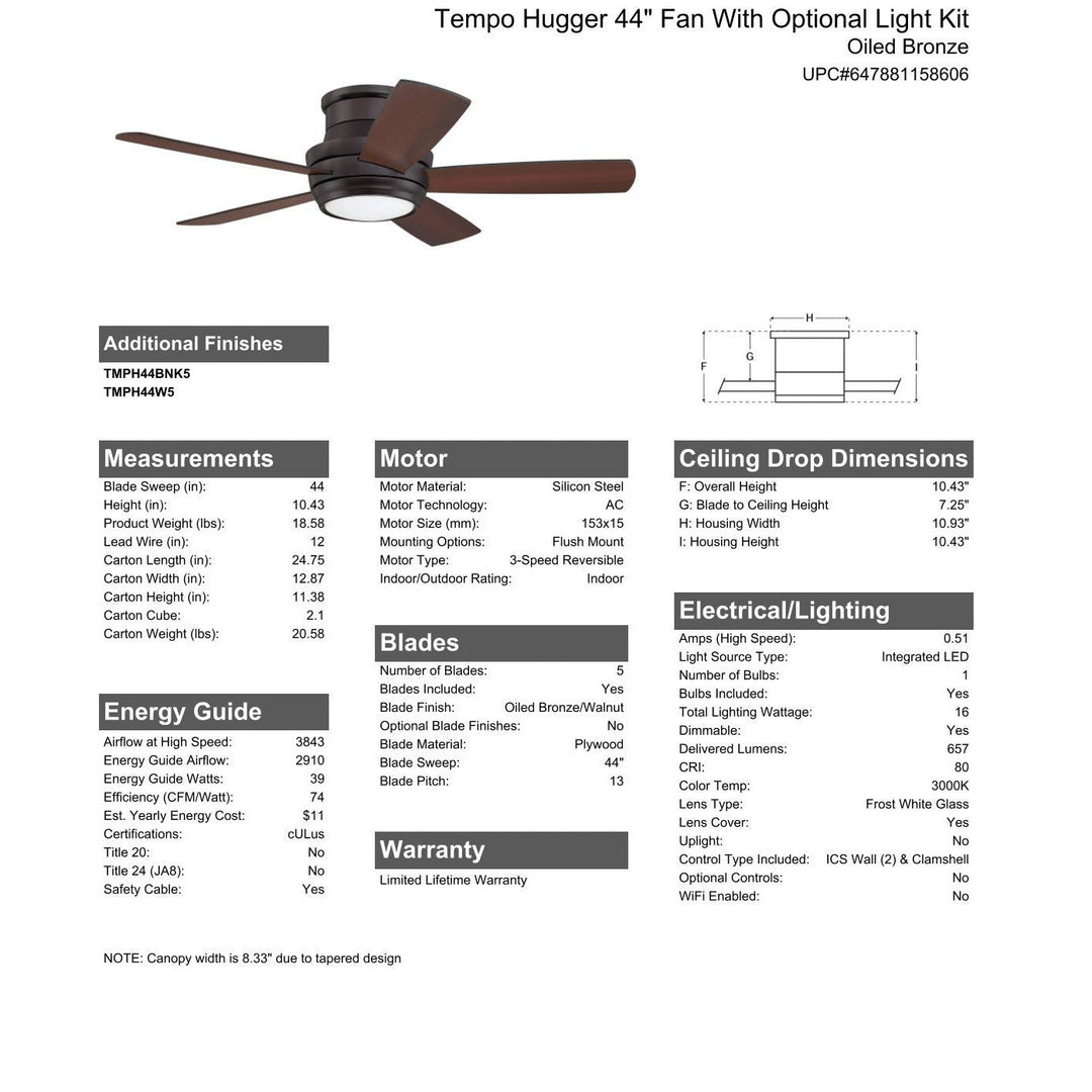 44" Tempo Hugger in Oiled Bronze w/ Oiled Bronze/Walnut Blades CRAFTMADE