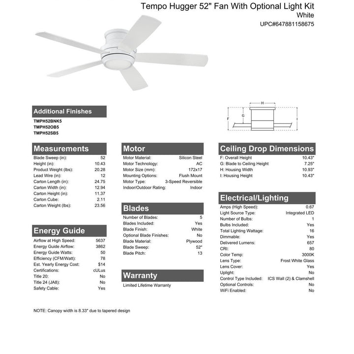 52" Tempo Hugger in White w/ White Blades CRAFTMADE