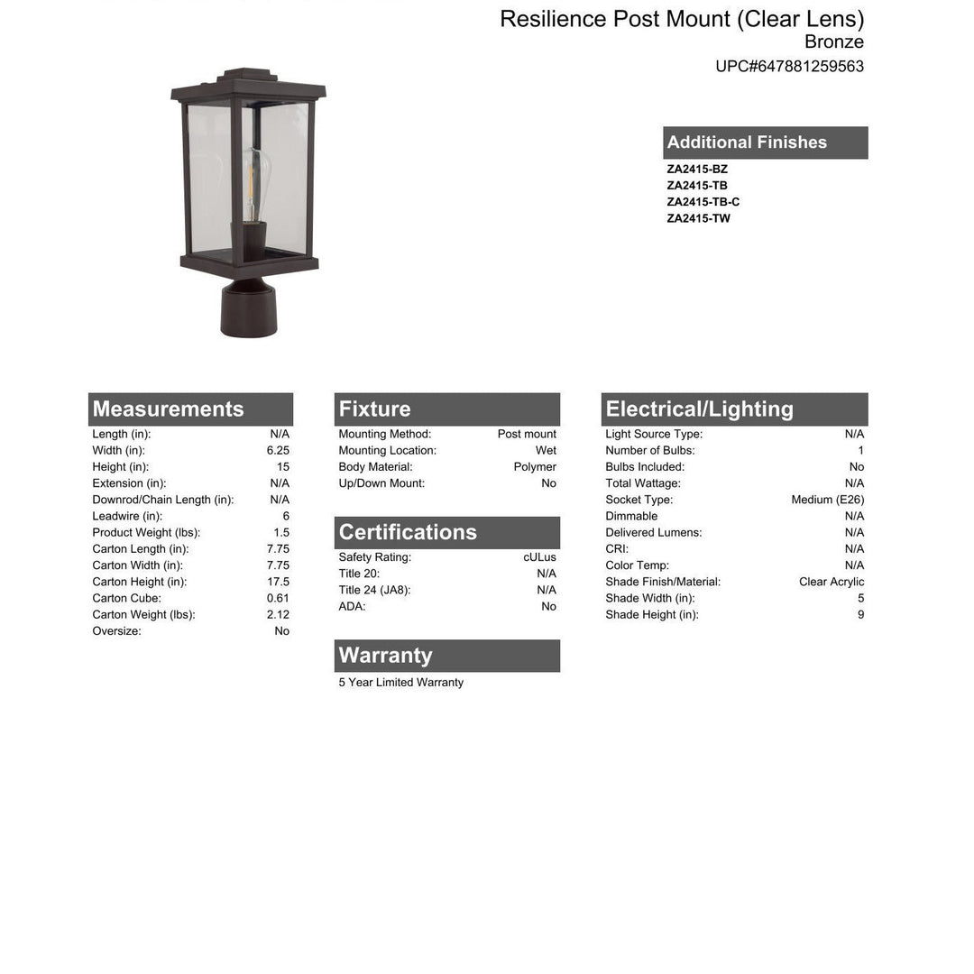 Resilience 1 Light Post Mount in Bronze CRAFTMADE