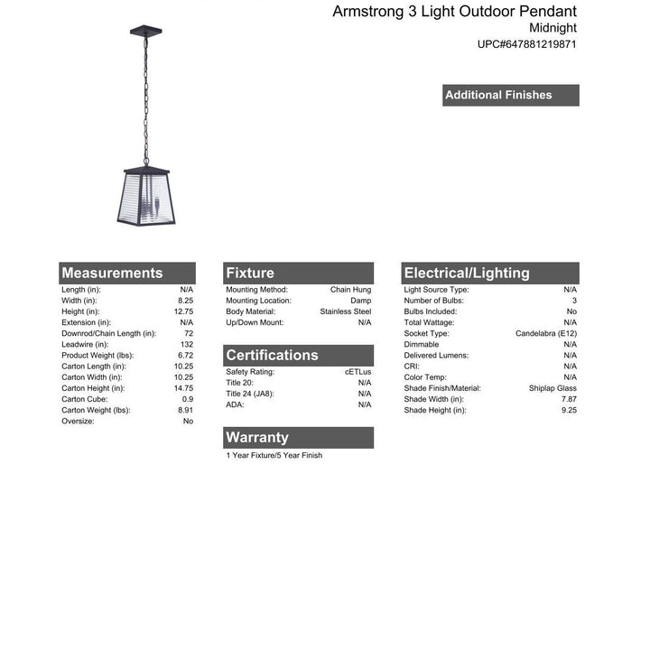 Armstrong 3 Light Outdoor Pendant in Midnight CRAFTMADE