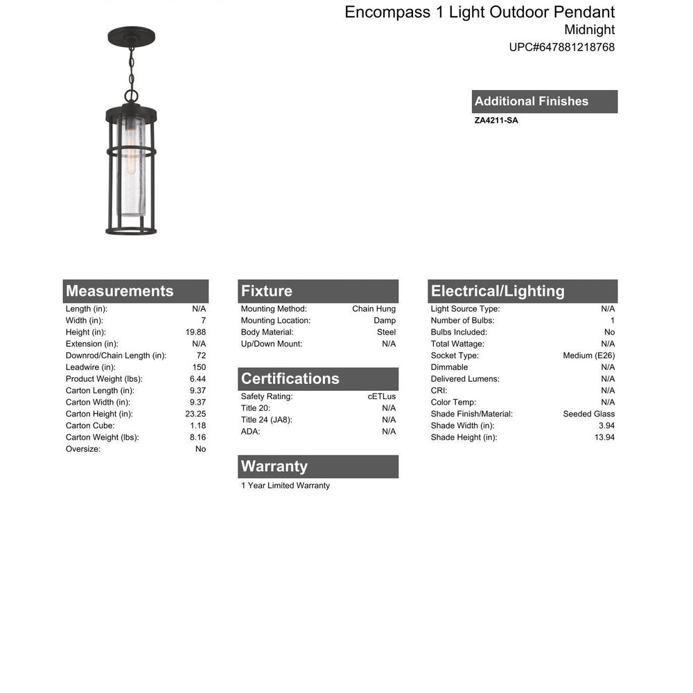 Encompass 1 Light Outdoor Pendant in Midnight CRAFTMADE