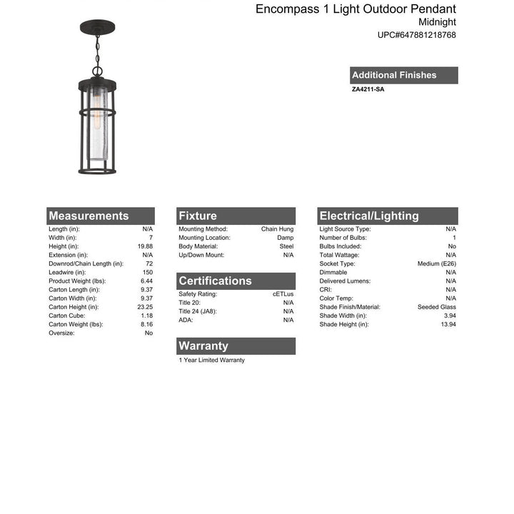 Encompass 1 Light Outdoor Pendant in Midnight CRAFTMADE