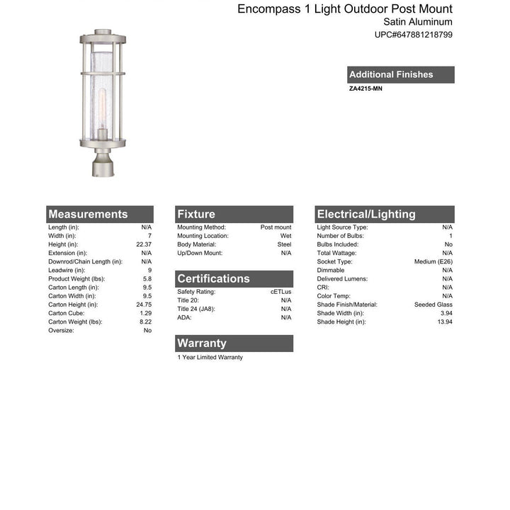 Encompass 1 Light Outdoor Post Mount in Satin Aluminum CRAFTMADE