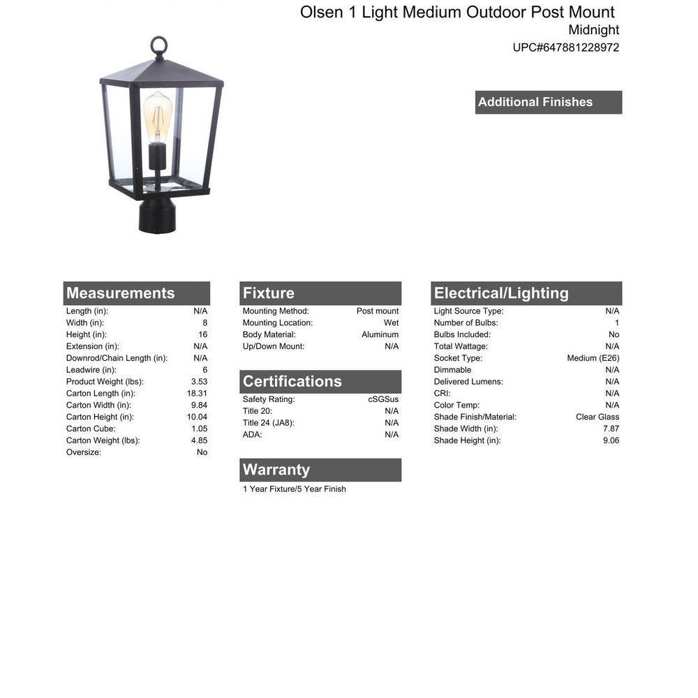 Olsen 1 Light Medium Outdoor Post Lantern in Midnight CRAFTMADE