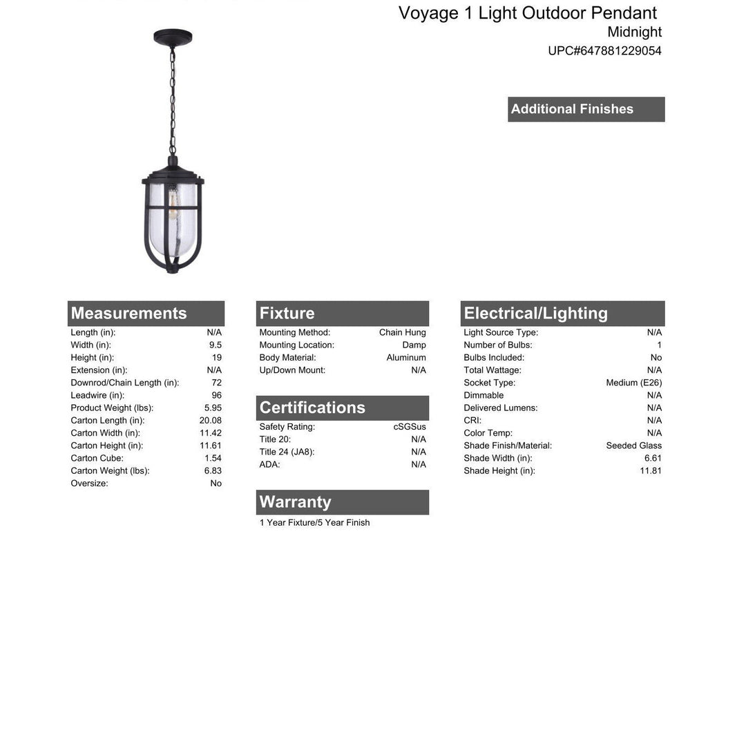 Voyage 1 Light Outdoor Pendant in Midnight CRAFTMADE