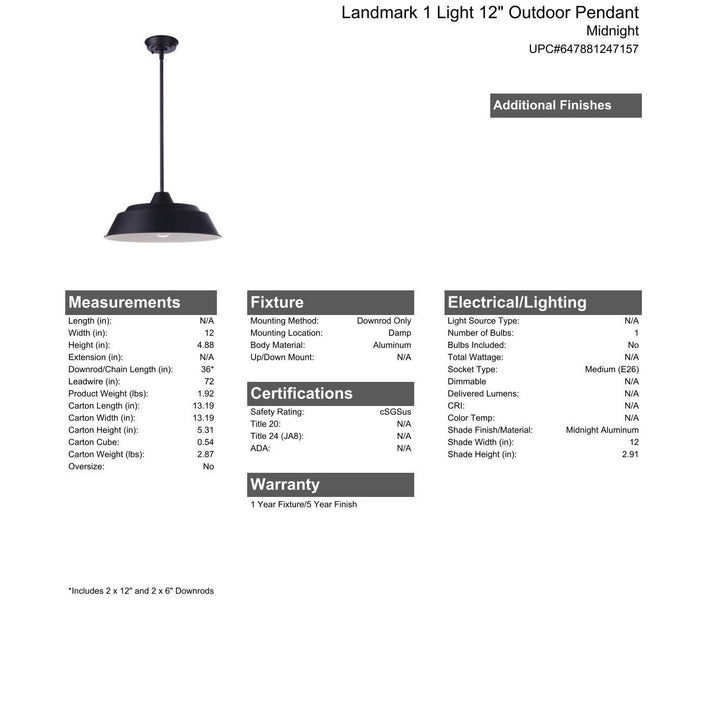 Landmark 1 Light 12" Outdoor Pendant in Midnight CRAFTMADE