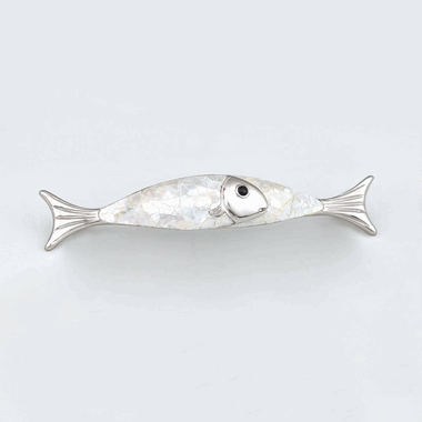 5 7/8 Inch (4 1/2 Inch c-c) Symphony Inlays Mother of Pearl Fish Pull (Polished Nickel Finish) SCHAUB