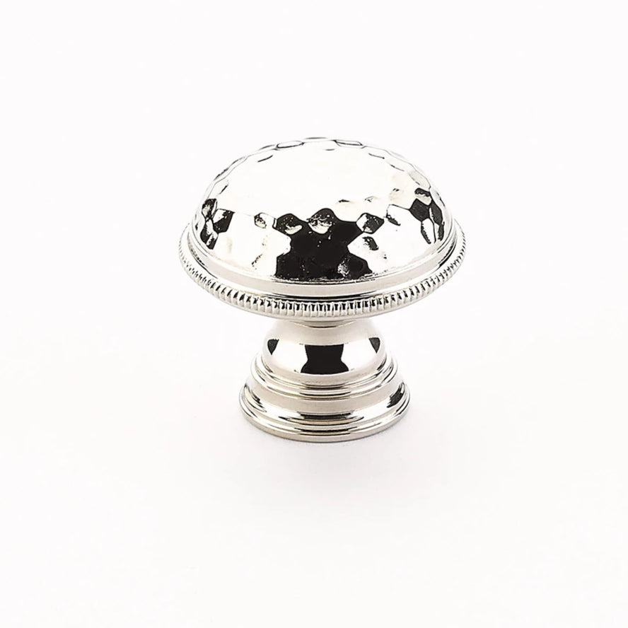 1 1/4 Inch Atherton Hammered Round Knob with Knurled Edges (Polished Nickel Finish) SCHAUB