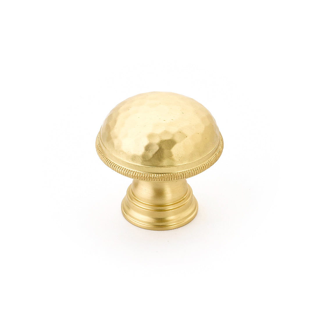 1 1/4 Inch Atherton Hammered Round Knob with Knurled Edges (Satin Brass Finish) SCHAUB