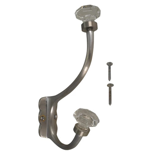 7 Inch Solid Brass Coat Hook & Octagonal Clear Glass Knobs (Brushed Nickel Finish) Copper Mountain Hardware