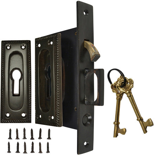 Georgian Square Pattern Single Pocket Privacy (Lock) Style Door Set (Oil Rubbed Bronze) COPPER MOUNTAIN HARDWARE