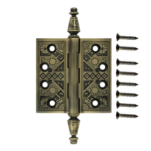 3 1/2 X 3 1/2 Inch Solid Brass Ornate Finial Style Hinge (Antique Brass Finish) DELTANA