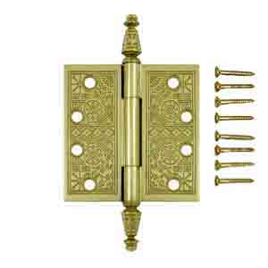 4 X 4 Inch Solid Brass Ornate Finial Style Hinge Polished Brass Finish DELTANA