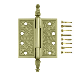 4 X 4 Inch Solid Brass Ornate Finial Style Hinge (Unlacquered Brass Finish) DELTANA